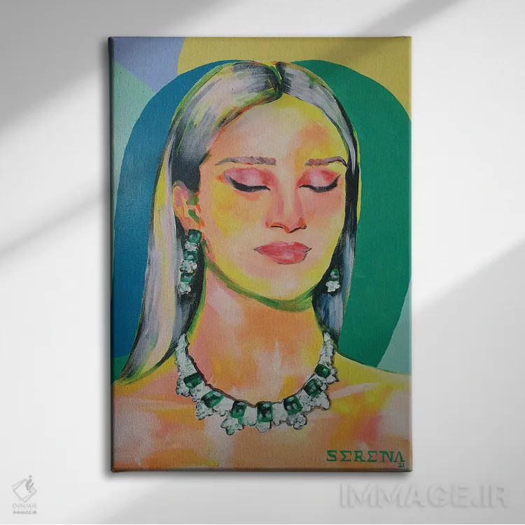 تابلو دکوراتیو زن با جواهرات الماس اثر سرینا سینگ - نمای روبهرو روی دیوار