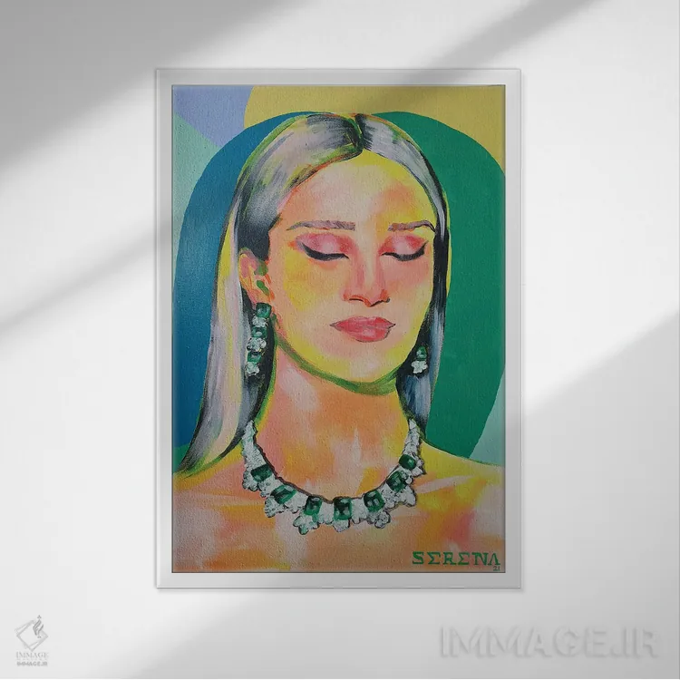 تابلو دکوراتیو زن با جواهرات الماس اثر سرینا سینگ - نمای قابدار سفید
