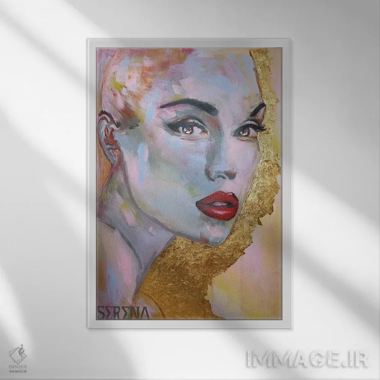 تابلو دکوراتیو زن با رژلب قرمز اثر سرینا سینگ - نمای قابدار سفید