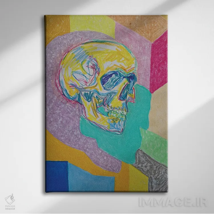 تابلو دکوراتیو نقاشی جمجمه اثر سرینا سینگ - نمای روبهرو روی دیوار