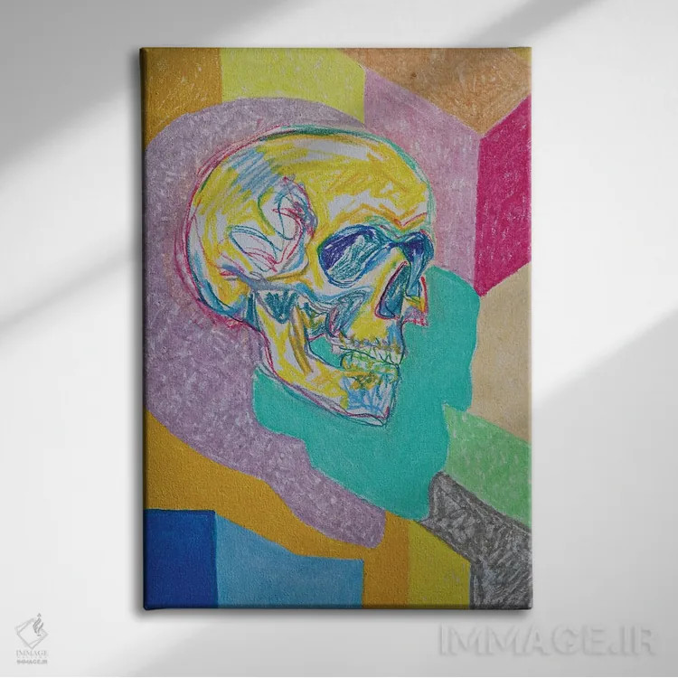 تابلو دکوراتیو نقاشی جمجمه اثر سرینا سینگ - نمای روبهرو روی دیوار