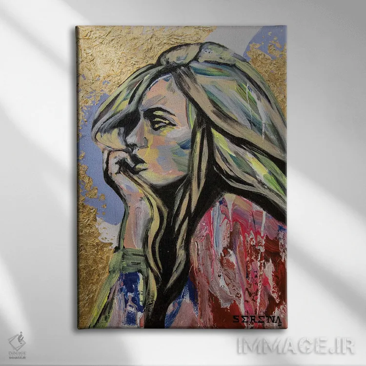 تابلو دکوراتیو زن در حال تفکر اثر سرینا سینگ - نمای روبهرو روی دیوار
