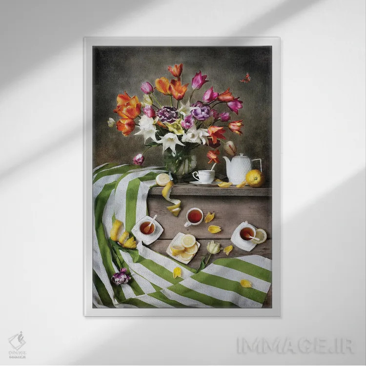 تابلو دکوراتیو صبحانه برای چهار نفر اثر النا شیچکو - نمای قابدار سفید
