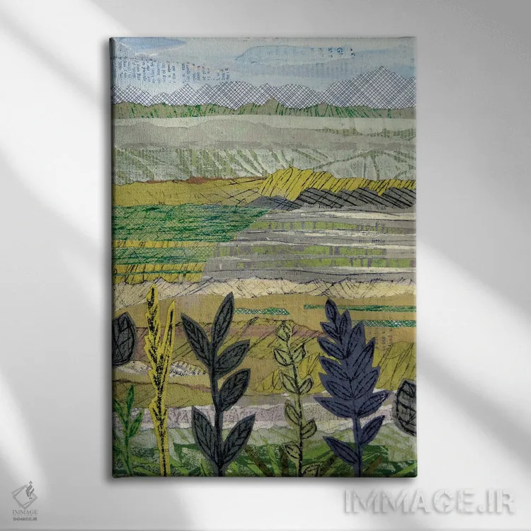 تابلو انتزاعی تپه ها و پرچین ها اثر سو جانسون - نمای روبهرو روی دیوار