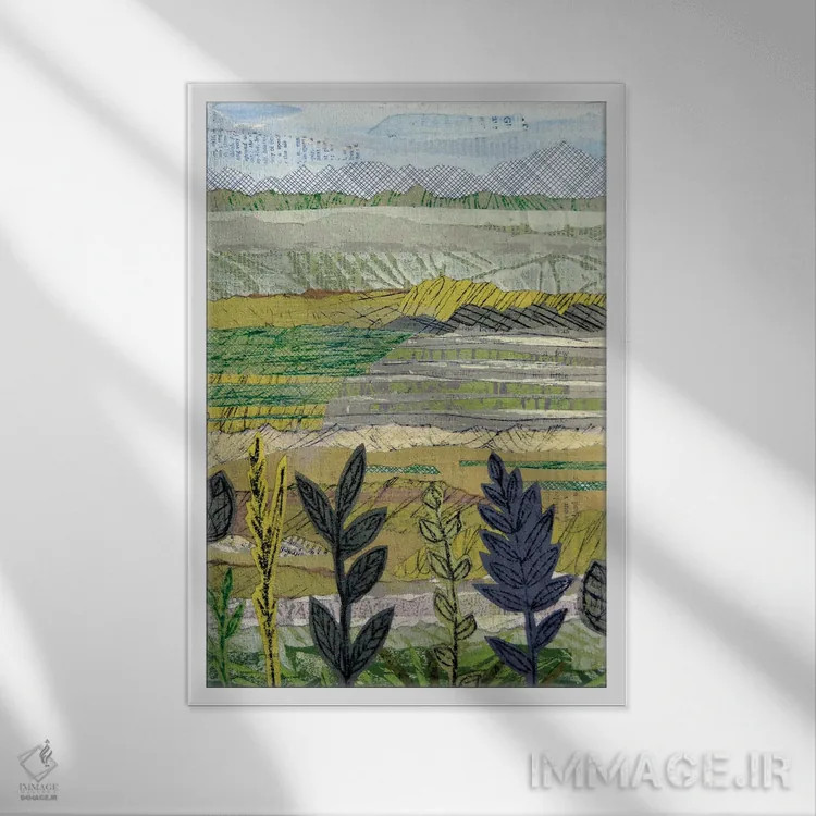 تابلو انتزاعی تپه ها و پرچین ها اثر سو جانسون - نمای قابدار سفید