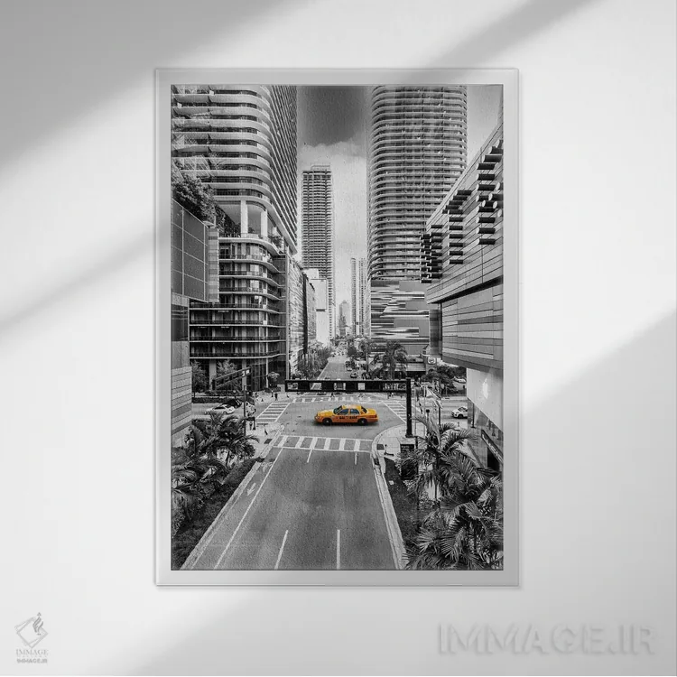 تابلو دکوراتیو Miami Downtown,تاکسی آفتابی، مرکز شهر میامی اثر سوزانه کرمر - نمای قابدار سفید