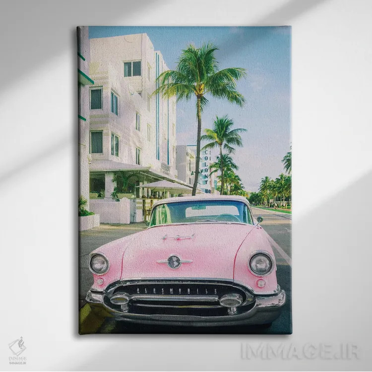 تابلو دکوراتیو Miami Art Deco, Florida,اولدزموبیل صورتی، آرت دکو میامی، فل… اثر سوزانه کرمر - نمای روبهرو روی دیوار