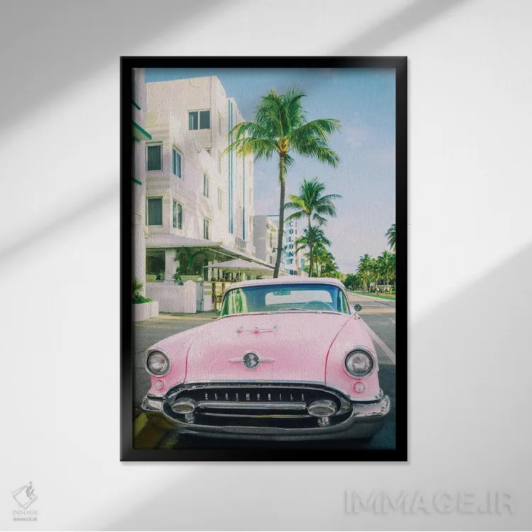 تابلو دکوراتیو Miami Art Deco, Florida,اولدزموبیل صورتی، آرت دکو میامی، فل… اثر سوزانه کرمر - نمای قابدار مشکی