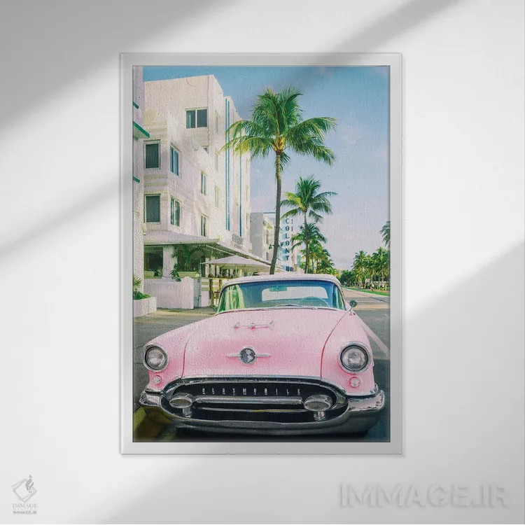 تابلو دکوراتیو Miami Art Deco, Florida,اولدزموبیل صورتی، آرت دکو میامی، فل… اثر سوزانه کرمر - نمای قابدار سفید