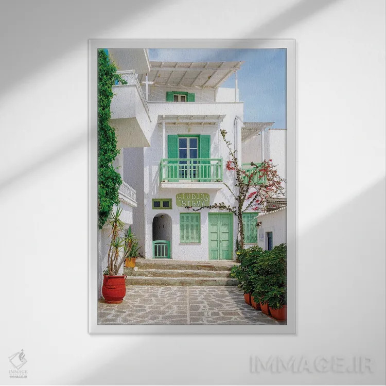 تابلو دکوراتیو Greece,خیابان کوچک رنگارنگ در جزیره ناکسوس، یونان اثر سوزانه کرمر - نمای قابدار سفید