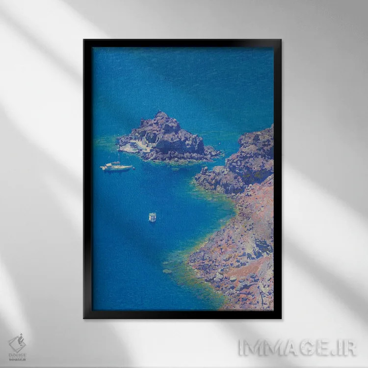 تابلو دکوراتیو بندر جزیره سانتورینی اثر سایمون کوژین - نمای قابدار مشکی