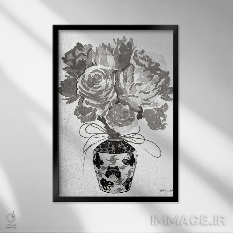 تابلو دکوراتیو دسته گل خاکستری اثر استودیو طراحی استلار - نمای قابدار مشکی