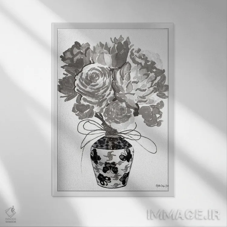 تابلو دکوراتیو دسته گل خاکستری اثر استودیو طراحی استلار - نمای قابدار سفید