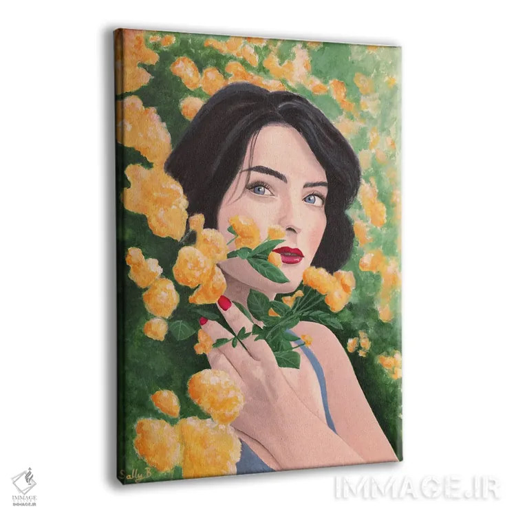 تابلو دکوراتیو زن در باغ گل های نارنجی اثر سالی بی - نمای پرسپکتیو محصول