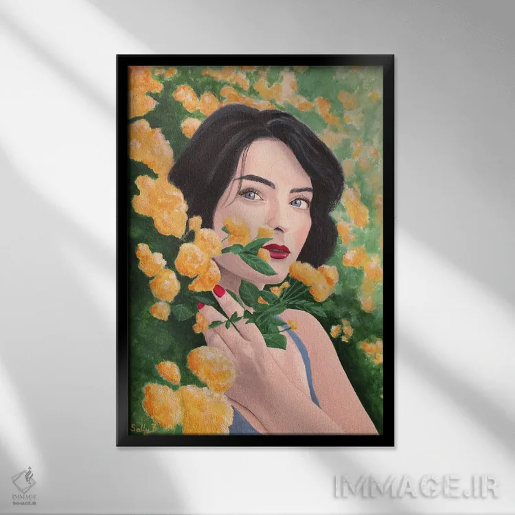 تابلو دکوراتیو زن در باغ گل های نارنجی اثر سالی بی - نمای قابدار مشکی