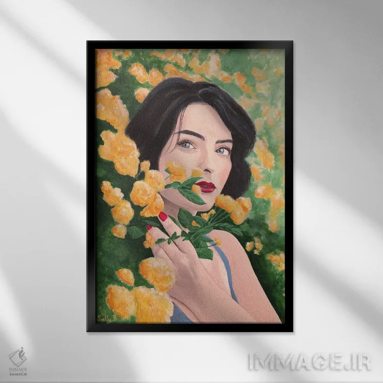 تابلو دکوراتیو زن در باغ گل های نارنجی اثر سالی بی - نمای قابدار مشکی