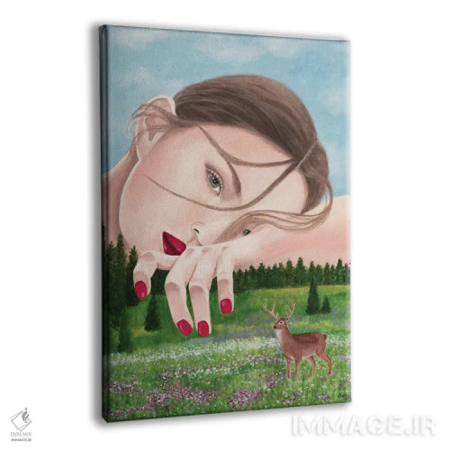 تابلو دکوراتیو زن با گوزن در طبیعت اثر سالی بی - نمای پرسپکتیو محصول