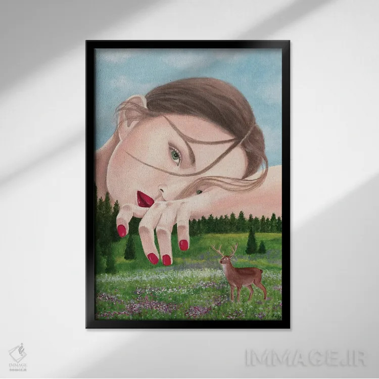 تابلو دکوراتیو زن با گوزن در طبیعت اثر سالی بی - نمای قابدار مشکی