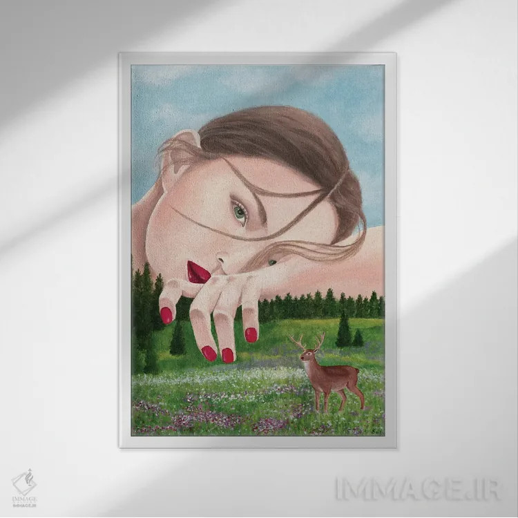 تابلو دکوراتیو زن با گوزن در طبیعت اثر سالی بی - نمای قابدار سفید