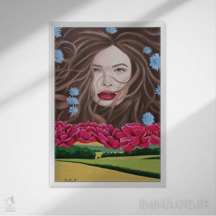 تابلو دکوراتیو بانوی گل صدتومانی اثر سالی بی - نمای قابدار سفید