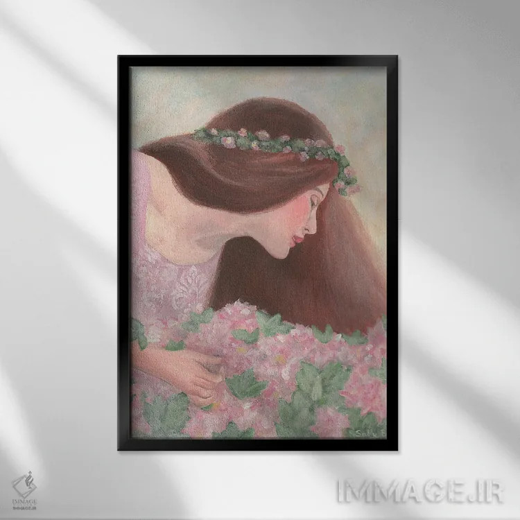 تابلو دکوراتیو زن با موهای بلند و گل های صورتی اثر سالی بی - نمای قابدار مشکی