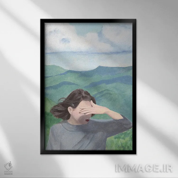 تابلو دکوراتیو زن با کوه ها اثر سالی بی - نمای قابدار مشکی