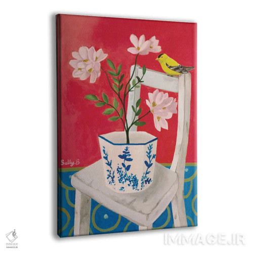 تابلو دکوراتیو Pink Flowers And Chair,پرنده چین وار، گل های صورتی و صندلی اثر سالی بی - نمای پرسپکتیو محصول