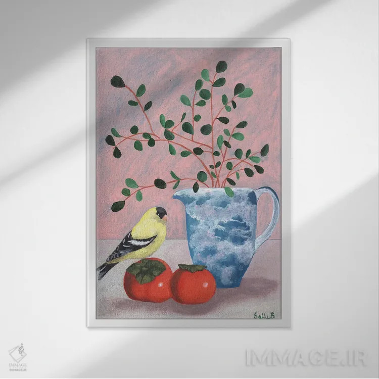 تابلو دکوراتیو پرنده چین وار و خرمالو اثر سالی بی - نمای قابدار سفید