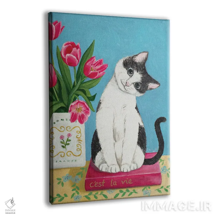 تابلو دکوراتیو Book And Tulip,گربه، کتاب و گل لاله اثر سالی بی - نمای پرسپکتیو محصول
