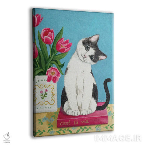 تابلو دکوراتیو Book And Tulip,گربه، کتاب و گل لاله اثر سالی بی - نمای پرسپکتیو محصول
