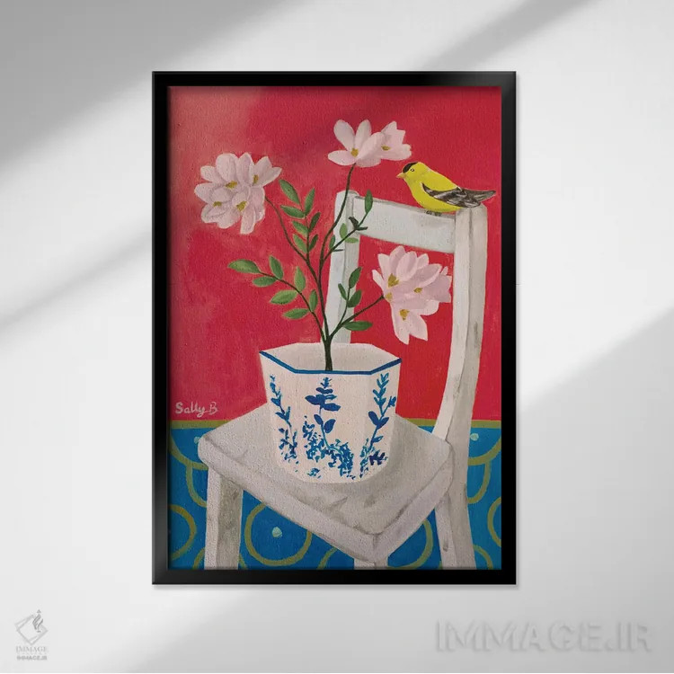 تابلو دکوراتیو Pink Flowers And Chair,پرنده چین وار، گل های صورتی و صندلی اثر سالی بی - نمای قابدار مشکی