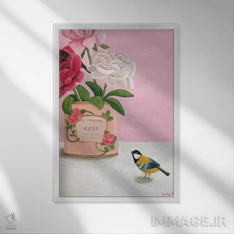 تابلو دکوراتیو رز لافرنس و پرنده اثر سالی بی - نمای قابدار سفید