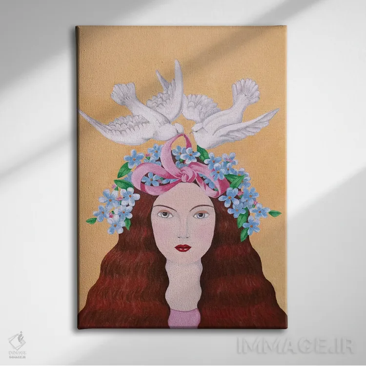 تابلو دکوراتیو زن و دو کبوتر اثر سالی بی - نمای روبهرو روی دیوار