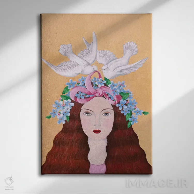 تابلو دکوراتیو زن و دو کبوتر اثر سالی بی - نمای روبهرو روی دیوار