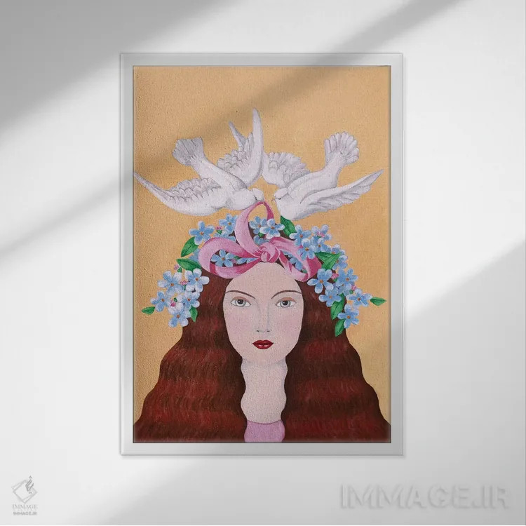 تابلو دکوراتیو زن و دو کبوتر اثر سالی بی - نمای قابدار سفید