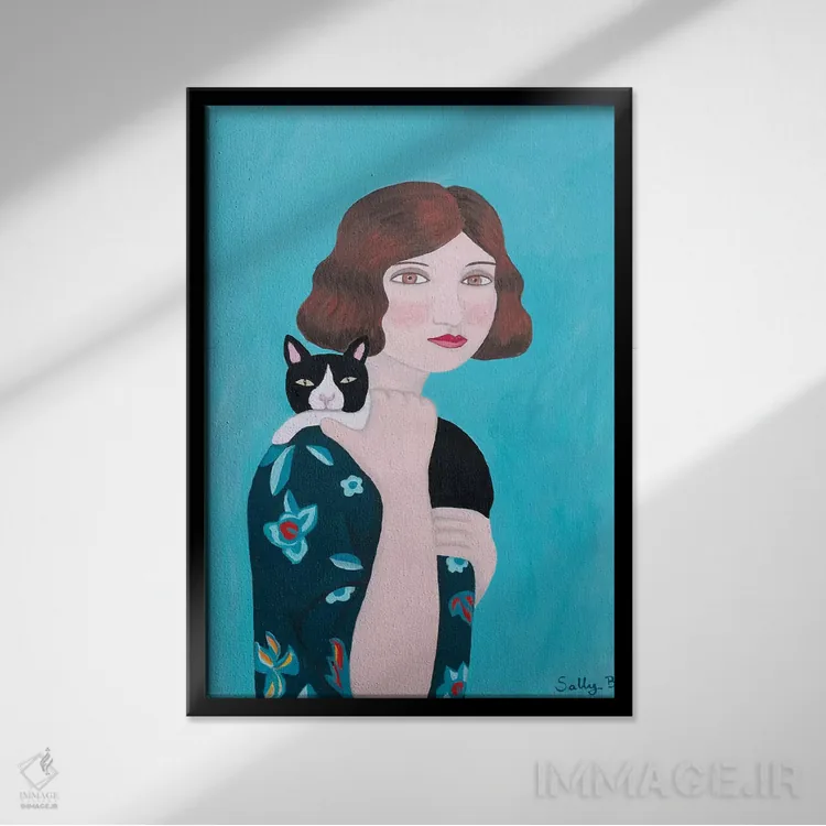 تابلو دکوراتیو زن با لباس آبی گل دار و گربه اثر سالی بی - نمای قابدار مشکی