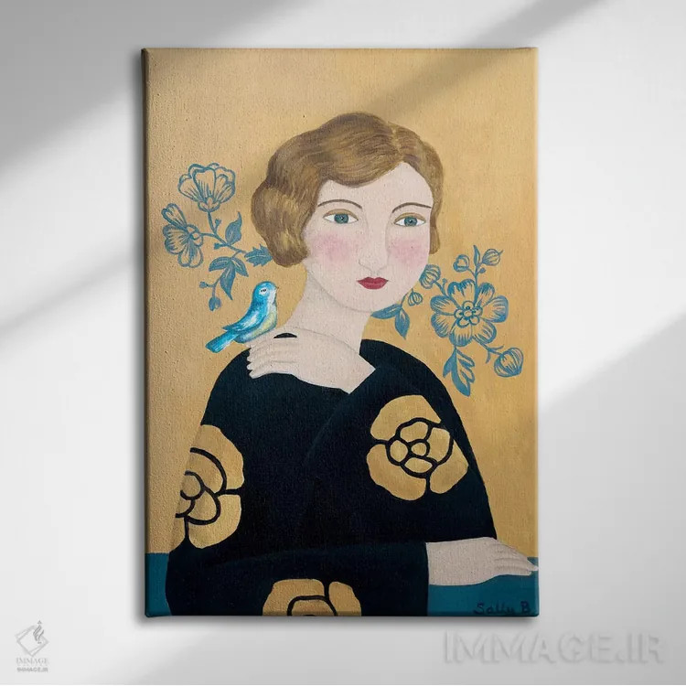 تابلو مدرن زن با لباس مشکی و پرنده اثر سالی بی - نمای روبهرو روی دیوار