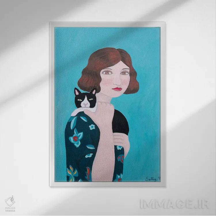 تابلو دکوراتیو زن با لباس آبی گل دار و گربه اثر سالی بی - نمای قابدار سفید