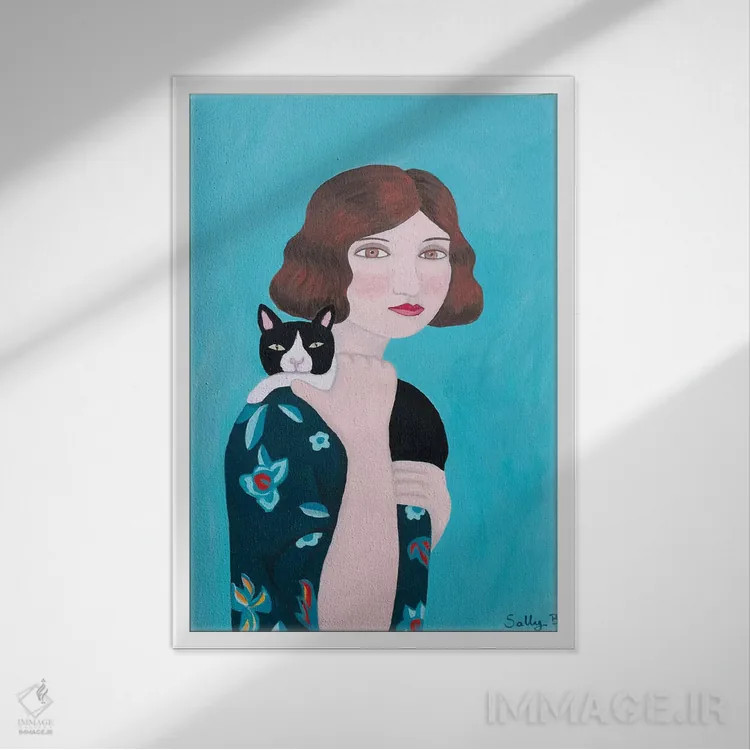 تابلو دکوراتیو زن با لباس آبی گل دار و گربه اثر سالی بی - نمای قابدار سفید