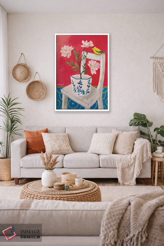 تابلو دکوراتیو Pink Flowers And Chair,پرنده چین وار، گل های صورتی و صندلی اثر سالی بی - D1W