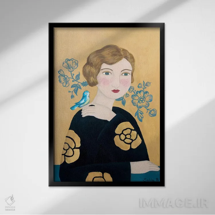تابلو مدرن زن با لباس مشکی و پرنده اثر سالی بی - نمای قابدار مشکی