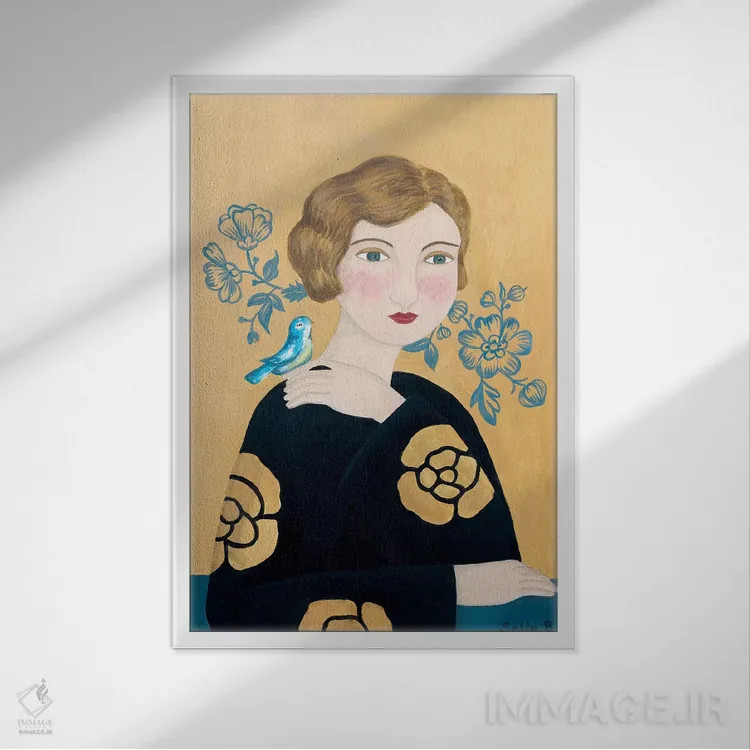 تابلو مدرن زن با لباس مشکی و پرنده اثر سالی بی - نمای قابدار سفید