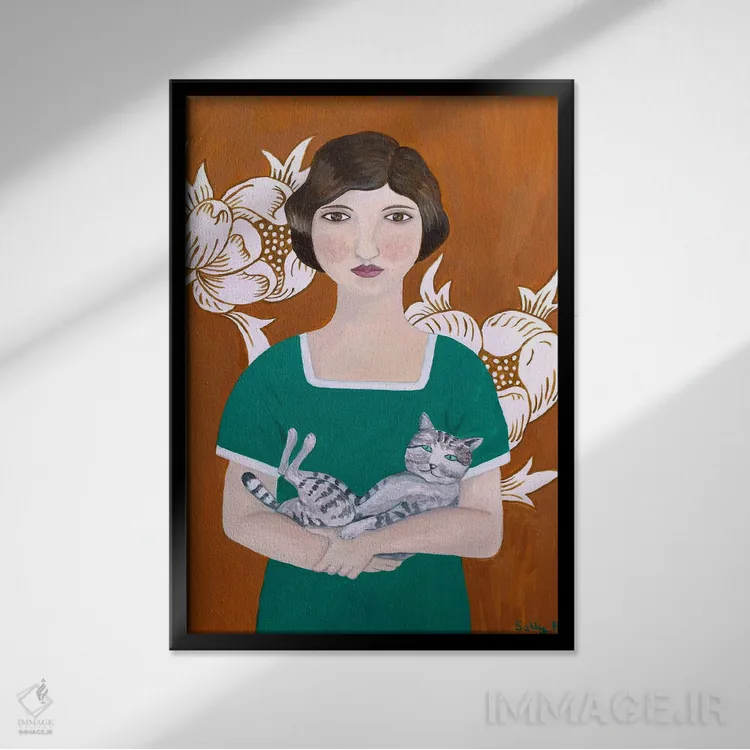 تابلو دکوراتیو زن با لباس سبز و گربه اثر سالی بی - نمای قابدار مشکی