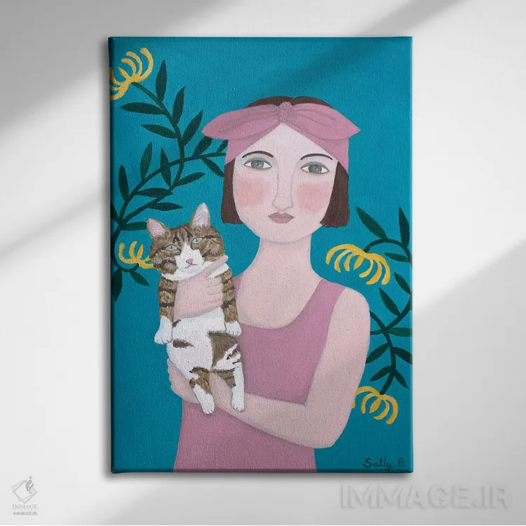 تابلو دکوراتیو زن با لباس صورتی و گربه اثر سالی بی - نمای روبهرو روی دیوار