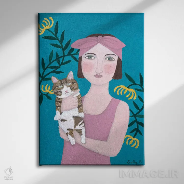 تابلو دکوراتیو زن با لباس صورتی و گربه اثر سالی بی - نمای روبهرو روی دیوار