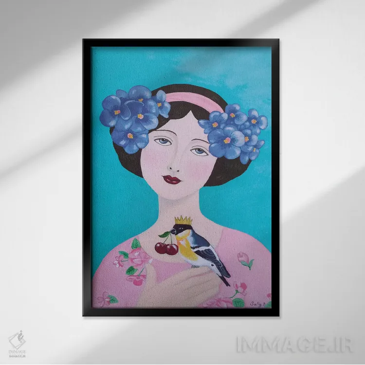 تابلو دکوراتیو زن با پرنده و گیلاس اثر سالی بی - نمای قابدار مشکی