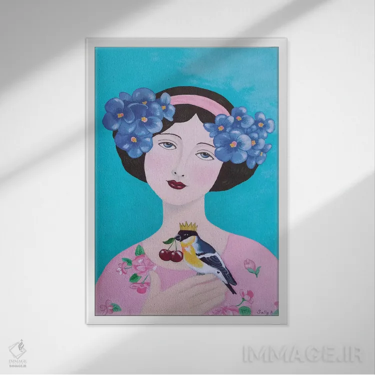 تابلو دکوراتیو زن با پرنده و گیلاس اثر سالی بی - نمای قابدار سفید