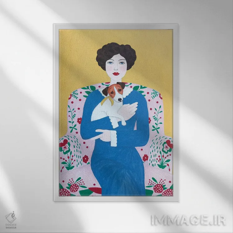 تابلو دکوراتیو زن با سگ جک راسل روی صندلی راحتی اثر سالی بی - نمای قابدار سفید