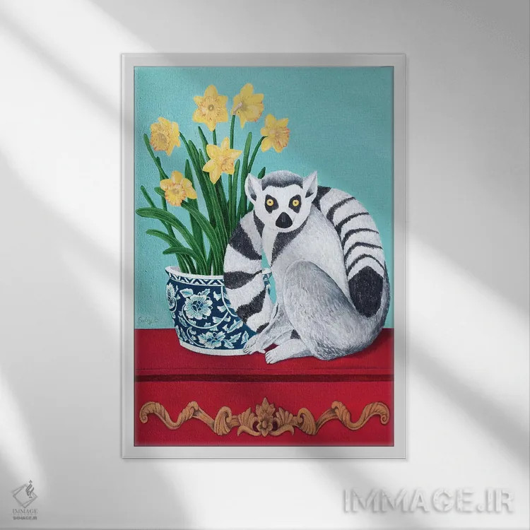 تابلو دکوراتیو لمور و نرگس اثر سالی بی - نمای قابدار سفید