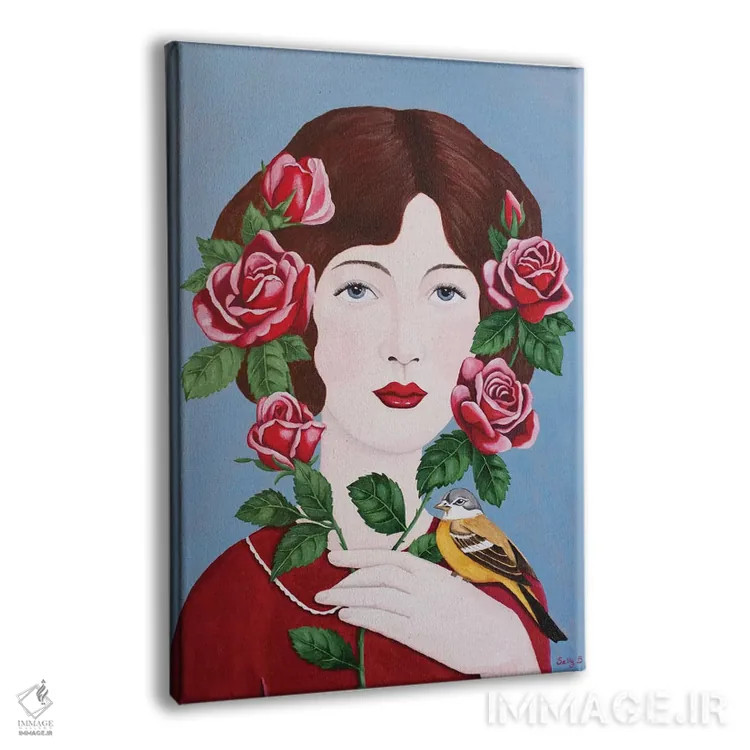 تابلو دکوراتیو زن با گل رز و پرنده اثر سالی بی - نمای پرسپکتیو محصول
